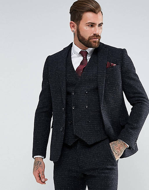 ASOS Slim Suit Jacket in 100% Wool Harris Tweed Herringbone In Charcoal ...