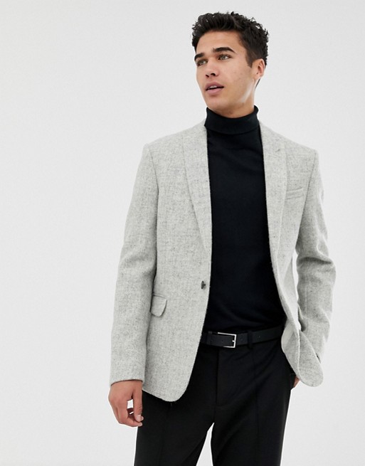 ASOS Slim Suit Jacket in 100% Wool Harris Tweed In Light Grey | ASOS