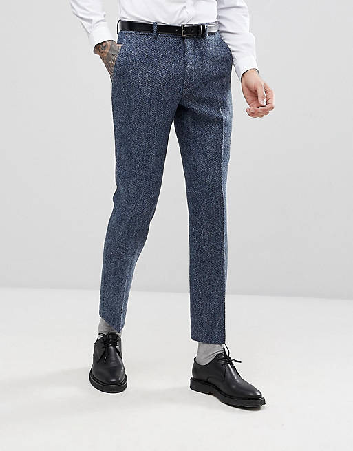 ASOS Slim Suit Pants in 100% Wool Harris Tweed In Blue Mini Check