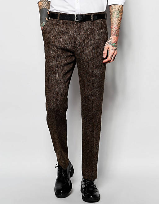 ASOS Slim Suit Pants In Brown Harris Tweed 100% Wool