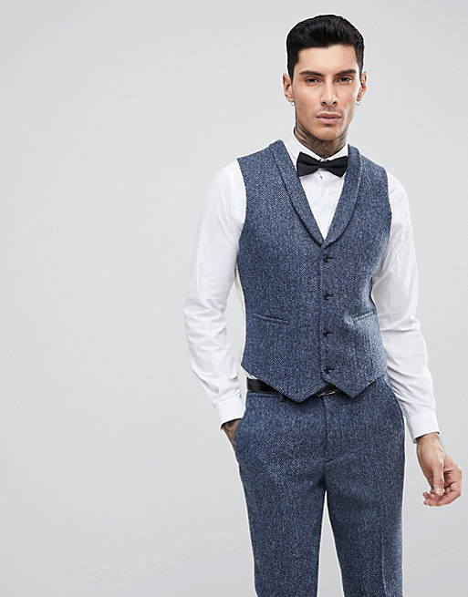 ASOS Slim Suit Vest in 100% Wool Harris Tweed In Blue Mini Check