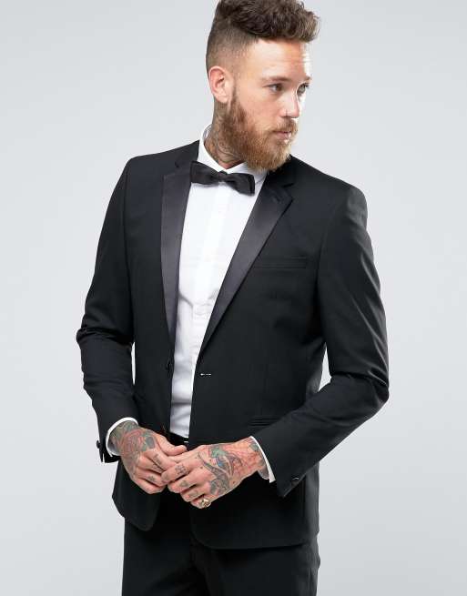 ASOS DESIGN slim tuxedo in black satin trim