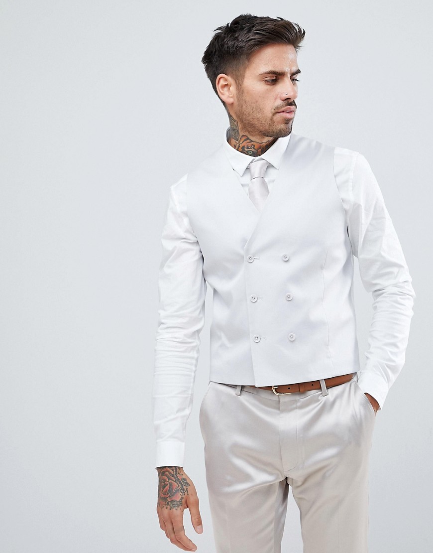 ASOS – Smal isgrå kostymväst i bomullssatin för bröllopet