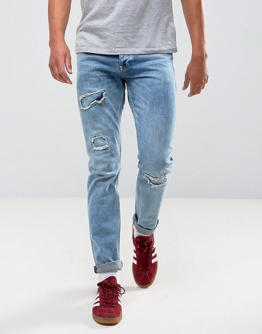 ASOS - Smalle jeans i vintage mid wash med flænger og lapper-Blå
