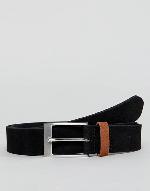ASOS smart slim suede belt in black with contrast tan suede keeper | ASOS