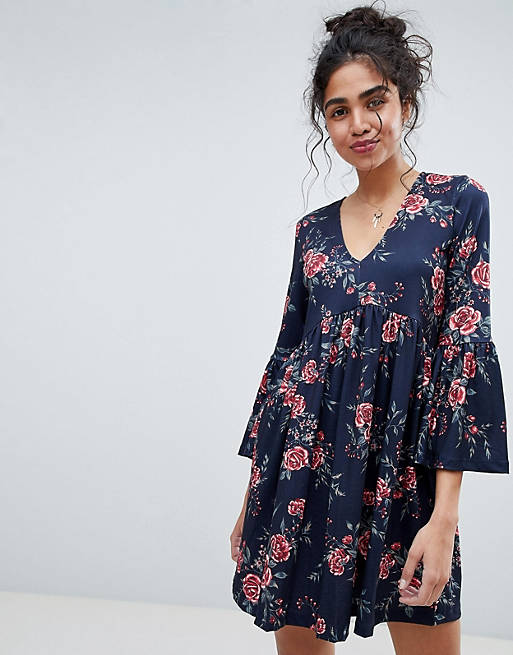 ASOS Smock Dress With V Neck and Trumpet Sleeve In Rose Print