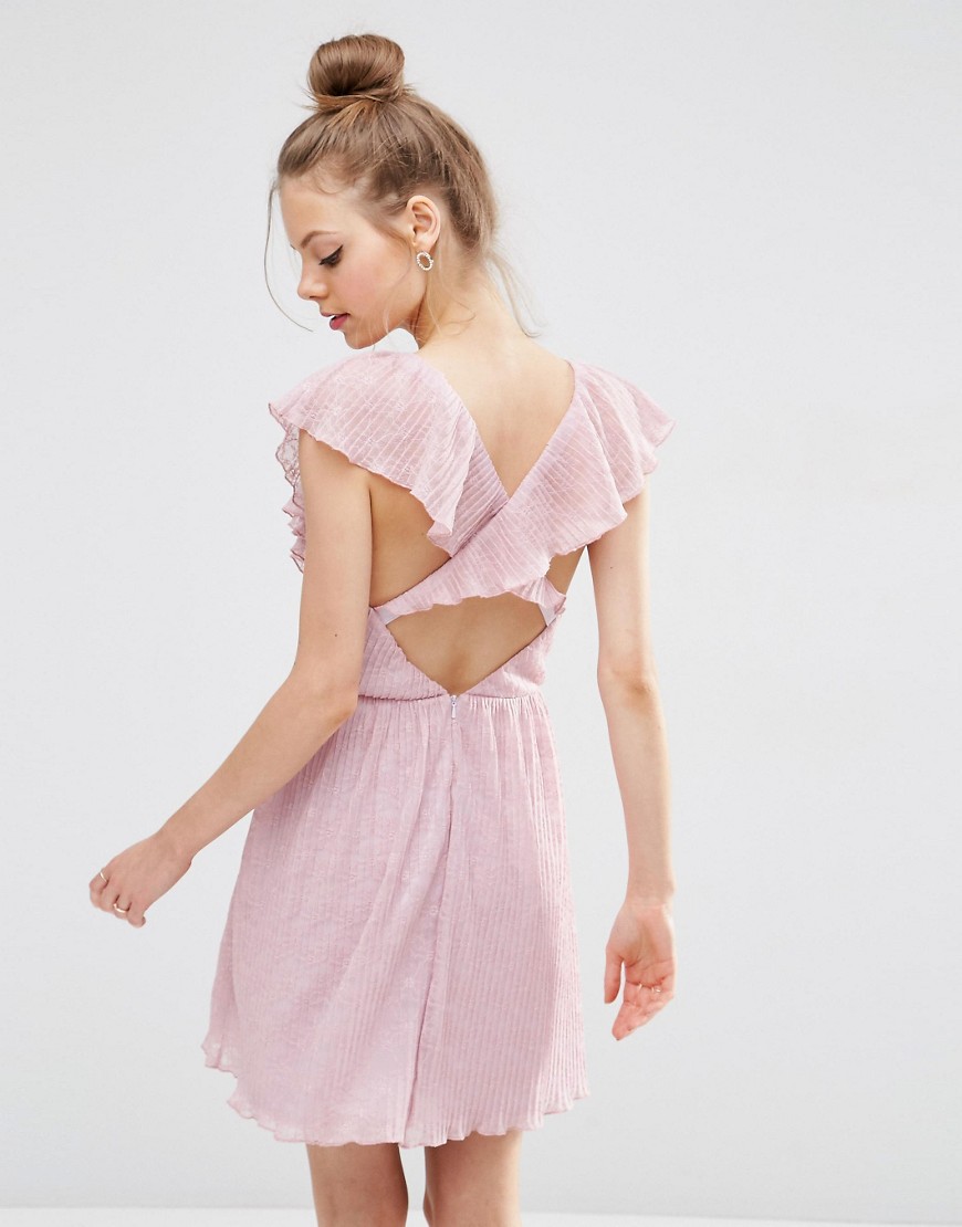 ASOS Soft Ruffle Lace Plunge Mini Dress-Pink
