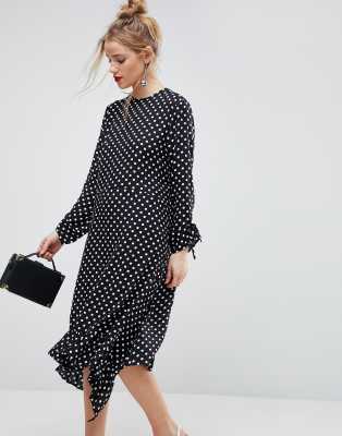 ASOS Soft Trapeze Midi Drouser Dress with Pep Hem in Spot Print