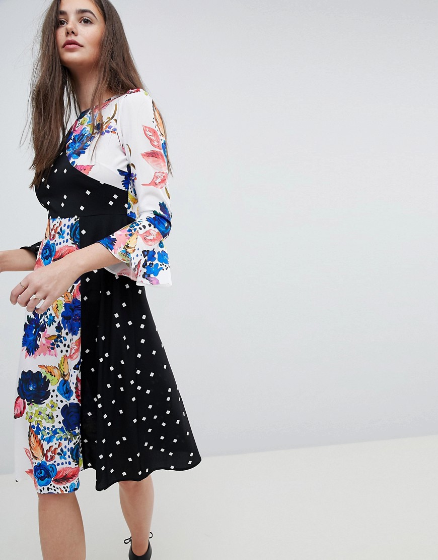 Asos Design Asos Spot And Floral Midi Dress With Fluted Sleeve-multi In Black