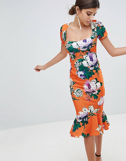 ASOS Square Neck Floral Pephem Bodycon Midi Dress