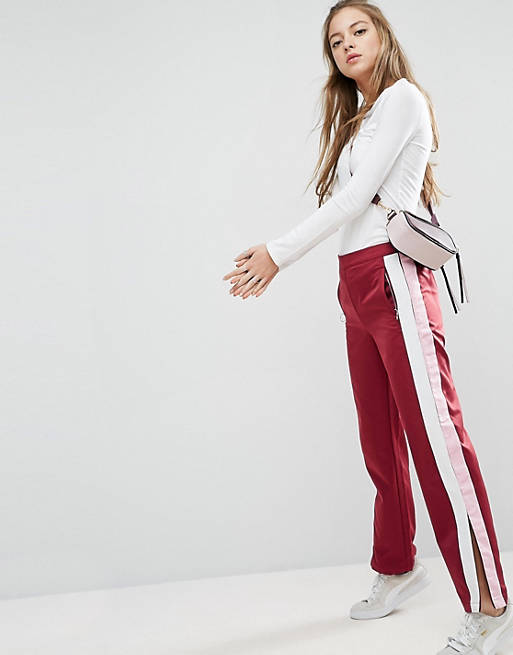 ASOS Straight Leg Track Pants with Side Stripes and Ring Pulls