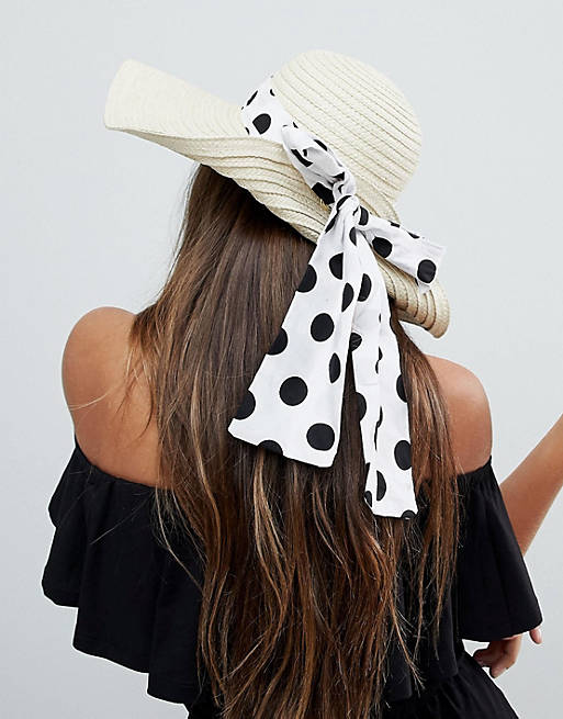 ASOS Straw Floppy Hat with Polka Dot Bow Detail and Size Adjuster