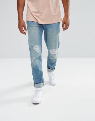 ASOS Stretch Slim Jeans In Light Wash With Rips