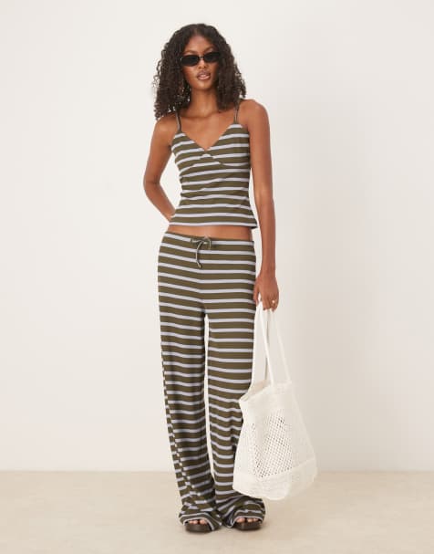 ASOS stripe wide leg mid rise trousers co ord in olive - view 1