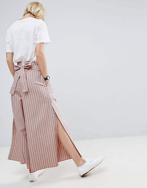 ASOS Stripe Wide Leg Pants with Tie Back and Splits | ASOS