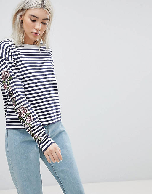 ASOS Striped Long Sleeve T-Shirt with Rose Embroidery