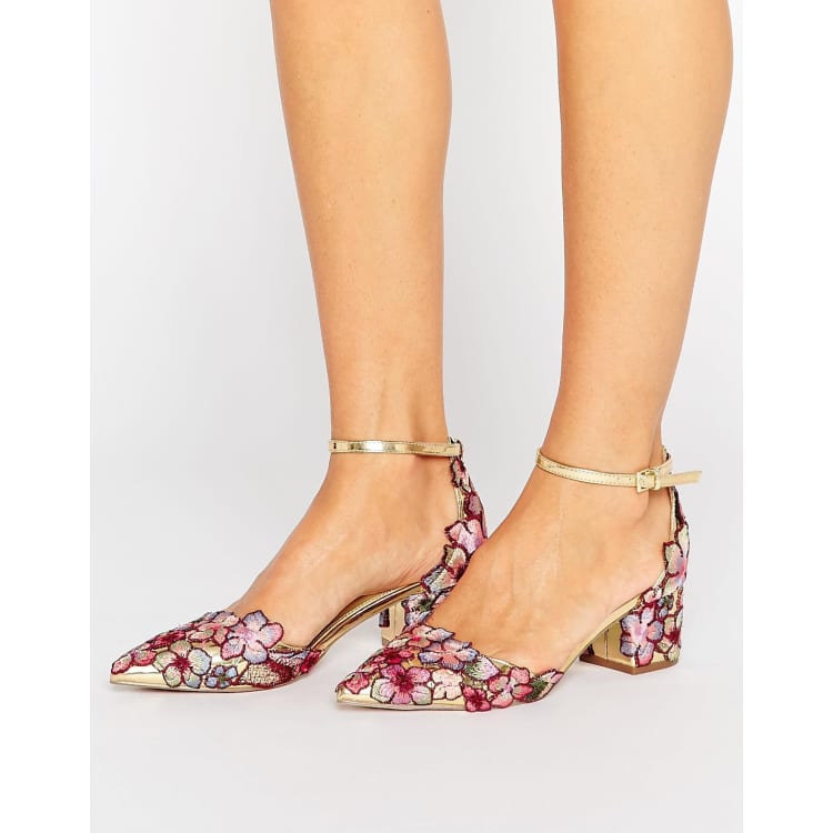 Floral embroidered pointed discount toe chunky heeled sandals