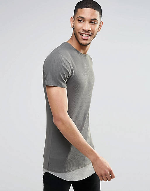 ASOS Super Longline Muscle T-Shirt In Waffle With Contrast Hem In Khaki ...