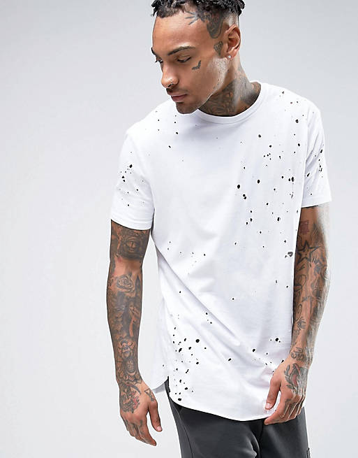 ASOS Super Longline T-Shirt With All Over Distress And Curved Hem