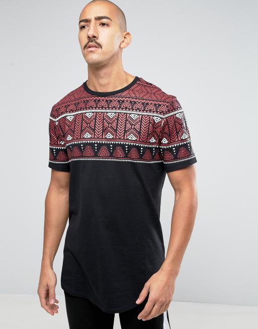 ASOS Super Longline T-Shirt With Colored Yoke Aztec Print And Curved Hem