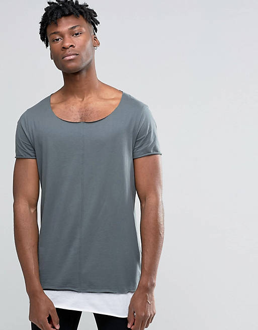 ASOS Super Longline T-Shirt With Contrast Hem And Raw Scoop Neck In Slate