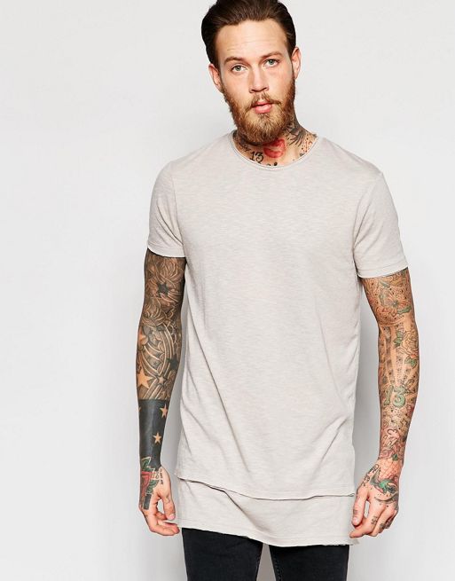 ASOS Longline T-Shirt With Curved Hem In Stone