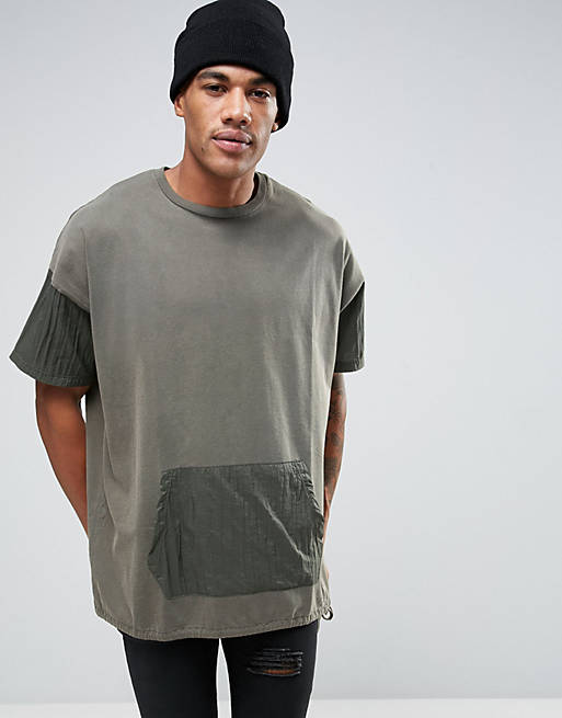 ASOS Super Oversized Longline T-Shirt With Kangaroo Pocket And Drawcord Hem  In Green | ASOS