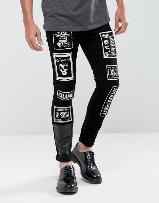 ASOS Super Skinny Jeans In Black With Punk Patches