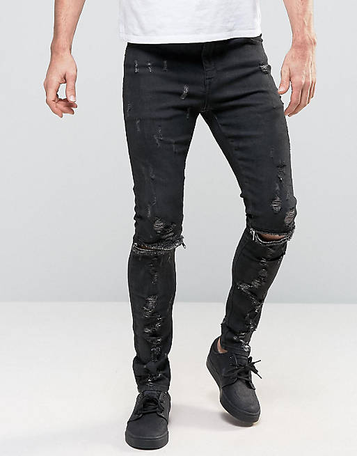 ASOS Super Skinny Jeans With Abrasions And Knee Zip Rips In Black ...