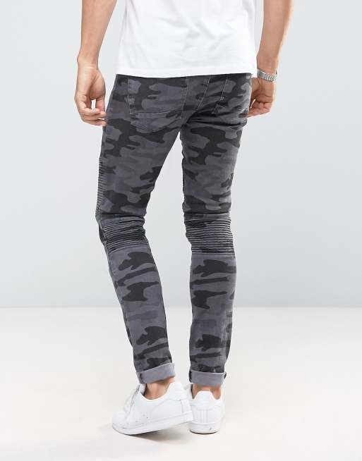 ASOS Super Skinny Jeans with Biker details in Black Camo