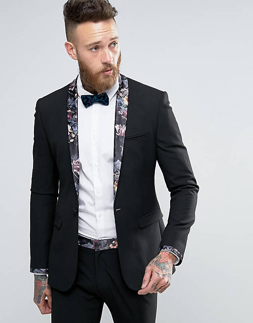 ASOS Super Skinny Suit Jacket in Black With Dark Floral Trim | ASOS