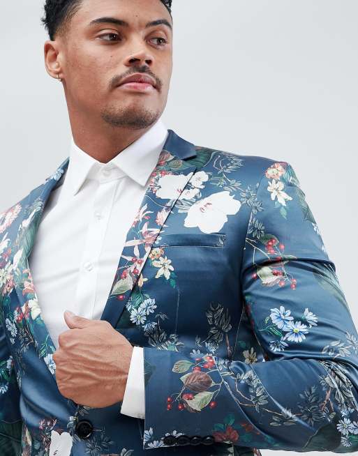 ASOS Super Skinny Suit Jacket In Blue Floral Print