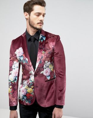 ASOS Super Skinny Suit Jacket In Burgundy Velvet With Floral Print | ASOS