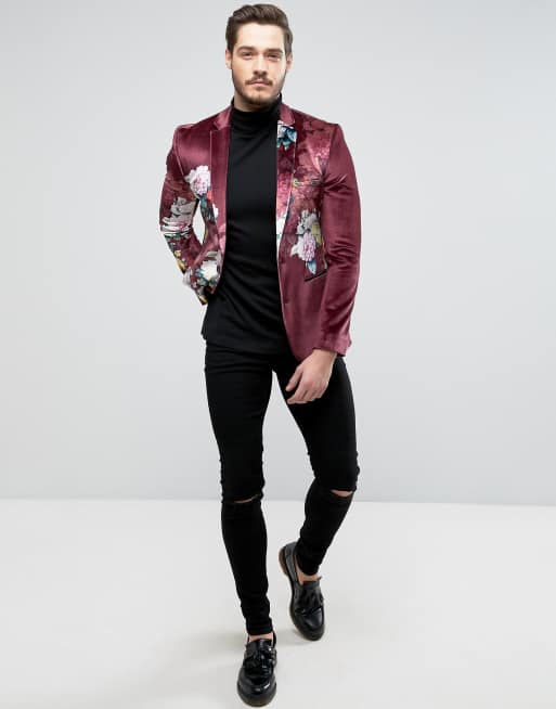 ASOS Super Skinny Suit Jacket In Burgundy Velvet With Floral Print