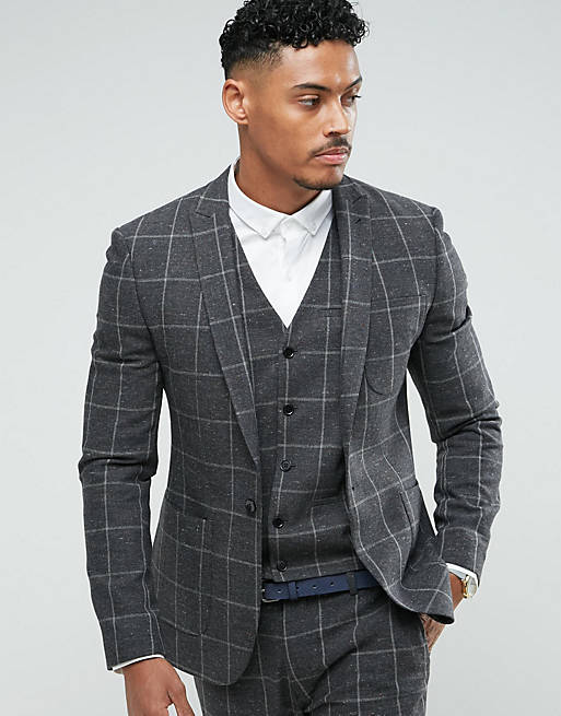ASOS Super Skinny Suit Jacket In Charcoal Windowpane Check | ASOS