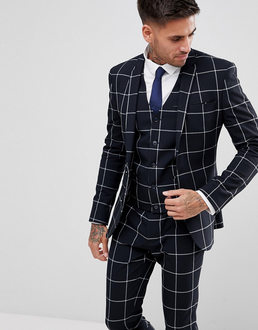 ASOS Super Skinny Suit Jacket In Navy With White Windowpane Check