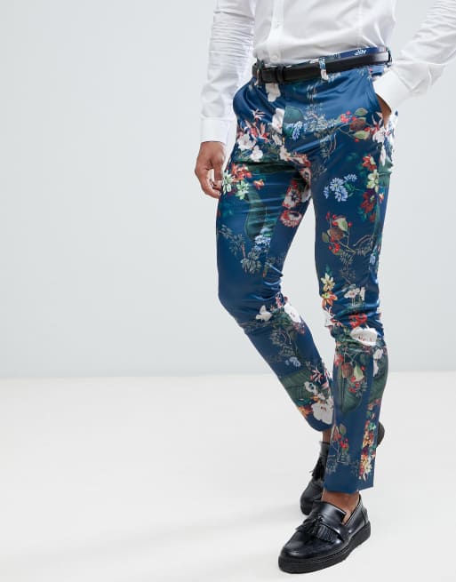 Navy Floral Pants Men - Skinny Dress Pants