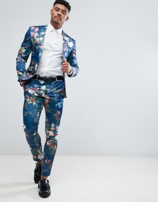 Navy Floral Pants Men - Skinny Dress Pants