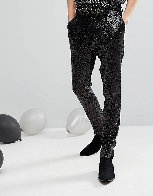 ASOS Super Skinny Suit Trousers in Black Sequins With Gold Trims