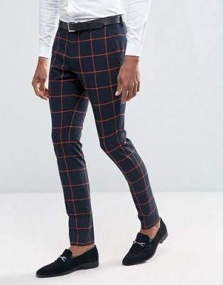 ASOS Super Skinny Suit Trousers In Navy With Orange Windowpane Check | ASOS