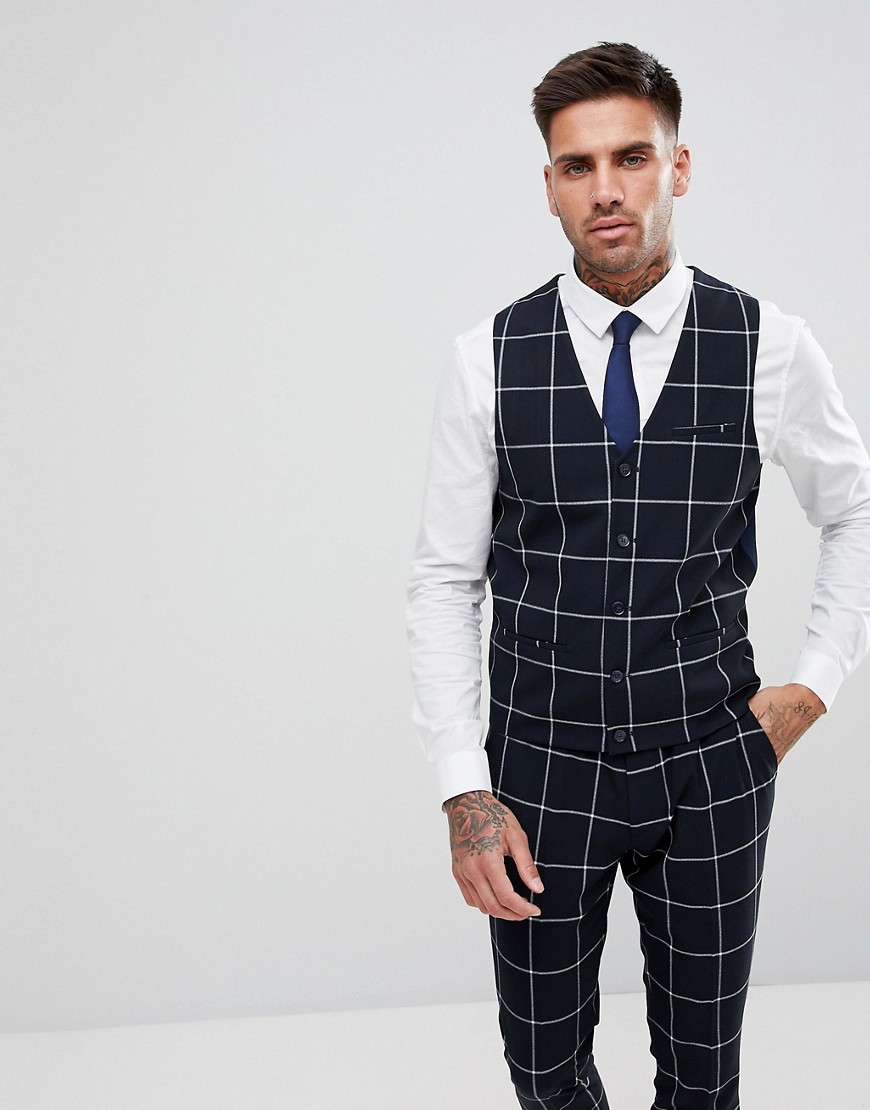 ASOS Super Skinny Suit Waistcoat In Navy With White Windowpane Check
