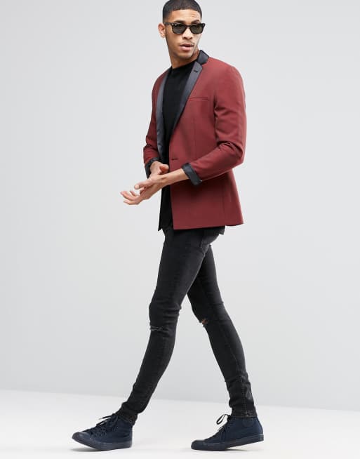 ASOS Super Skinny Tuxedo Suit Jacket In Dark Red