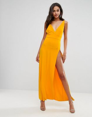yellow split maxi dress