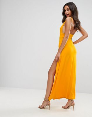 yellow split maxi dress