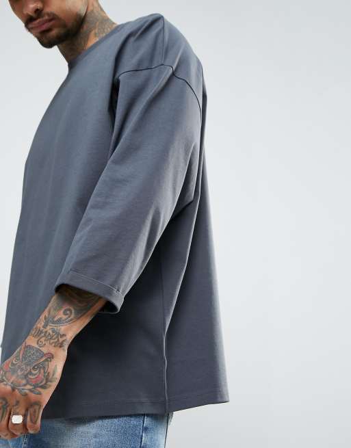 ASOS - Superoversized T-shirt van dik materiaal met opgerolde 3/4-mouwen in grijs, 3 van 4
