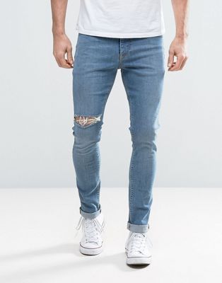 ASOS - Superskinny jeans med slitet lår i mellanblå tvätt