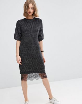 ASOS Sweater Dress with Lace Hem Detail 