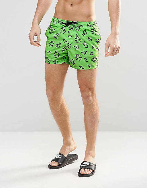 ASOS Swim Shorts In Neon Green With Shapes Print In Short Length | ASOS