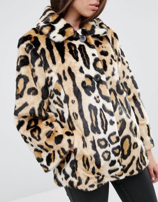 Miss Selfridge leopard duffel swing coat with fur hood