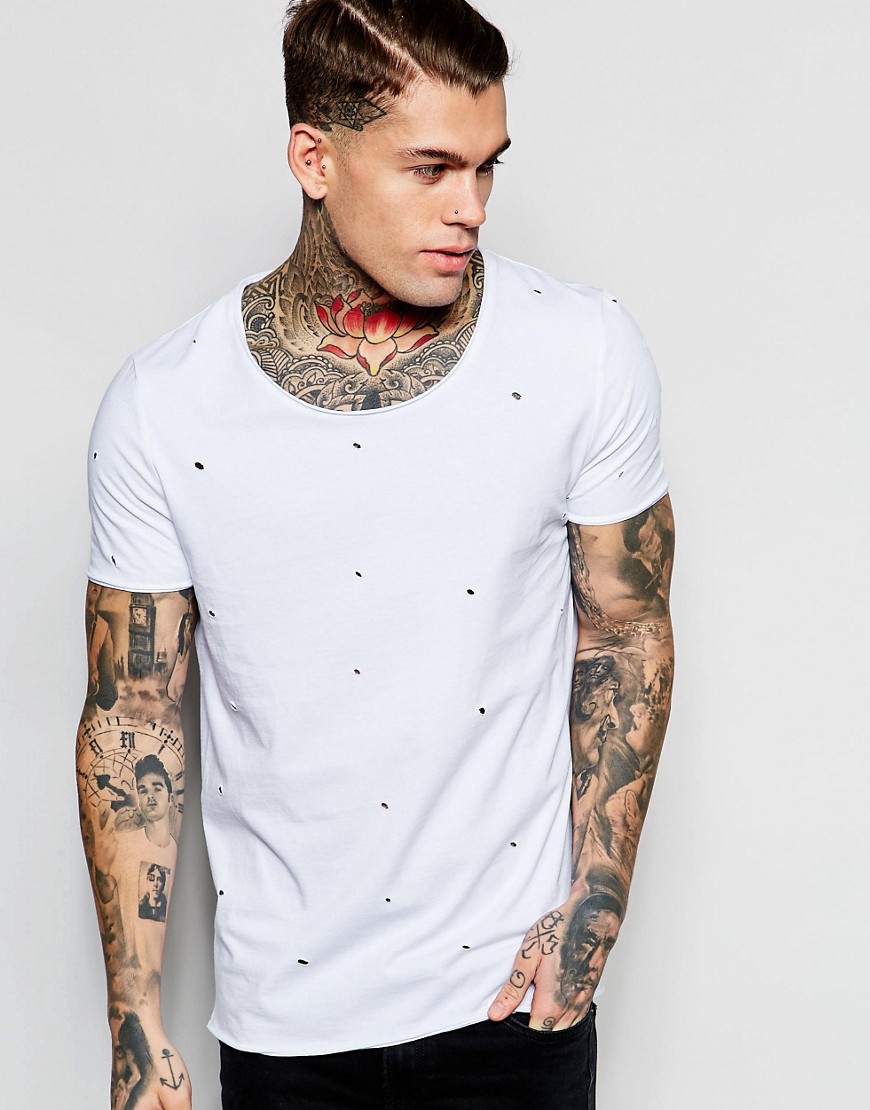 ASOS - T-shirt bianca bucata con bordi grezzi-Bianco